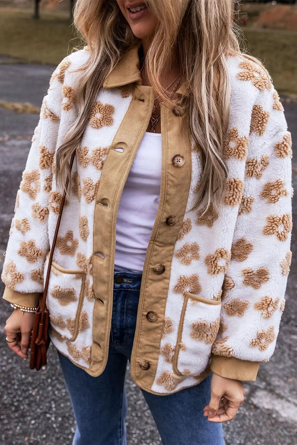 Charming beige flower fleece jacket - Love Salve